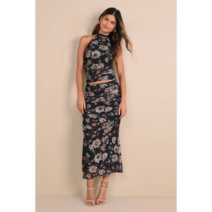 Lulus Black Floral Mesh Ruched Midi Skirt - Size S